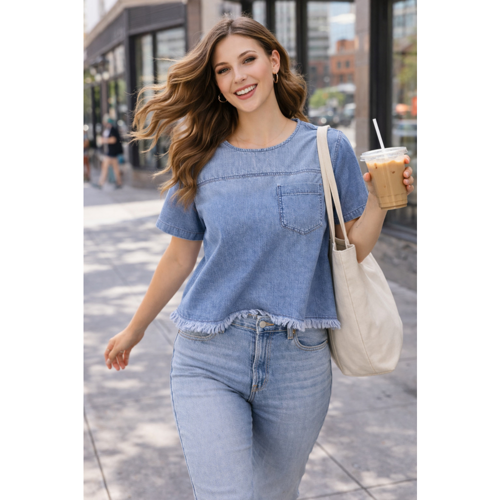 BP XS Chambray Pocket Tee Frayed Hem Back Keyhole Button Denim Top Casual